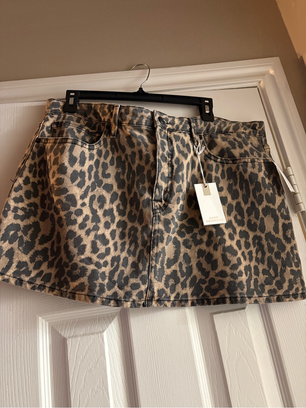 Good American Leopard Denim Mini Skirt - Brown & Black